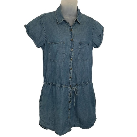 Paige Dresses & Skirts - PAIGE Chambray Cap Sleeves Button Front Drawstring Mila Blue Shirt Dress Medium